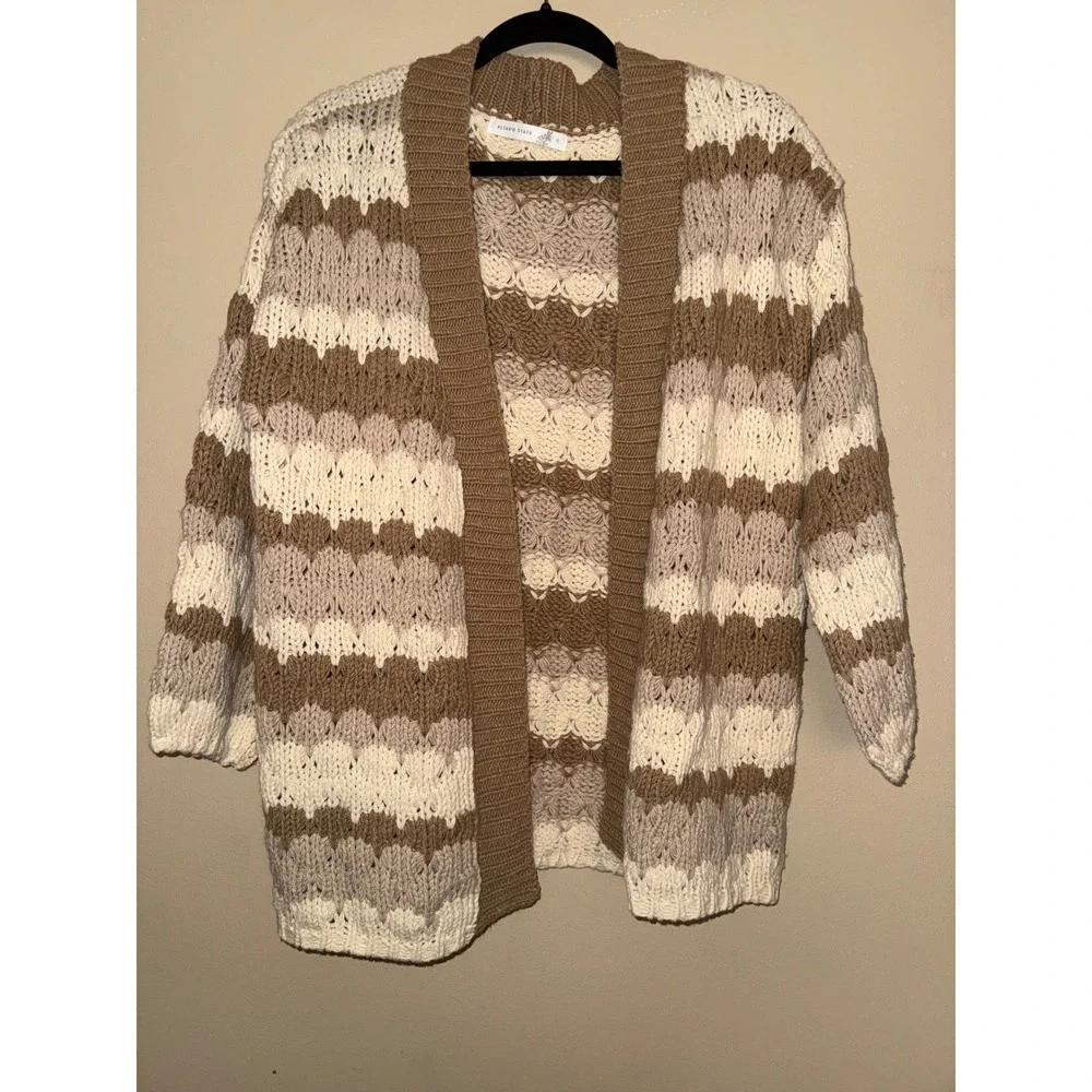 Altar'd State Stripe Chunky Knit Cardigan Brown Tan Cream Boho Oversized S Layer